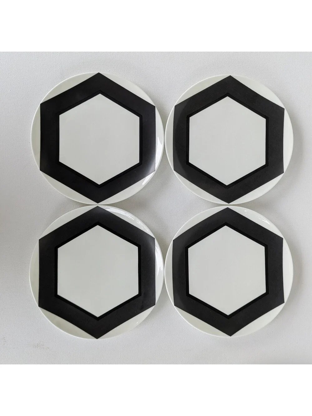 Vintage 1970s Set of 4 Black & White Small Geometric Bone China Plates, Japan